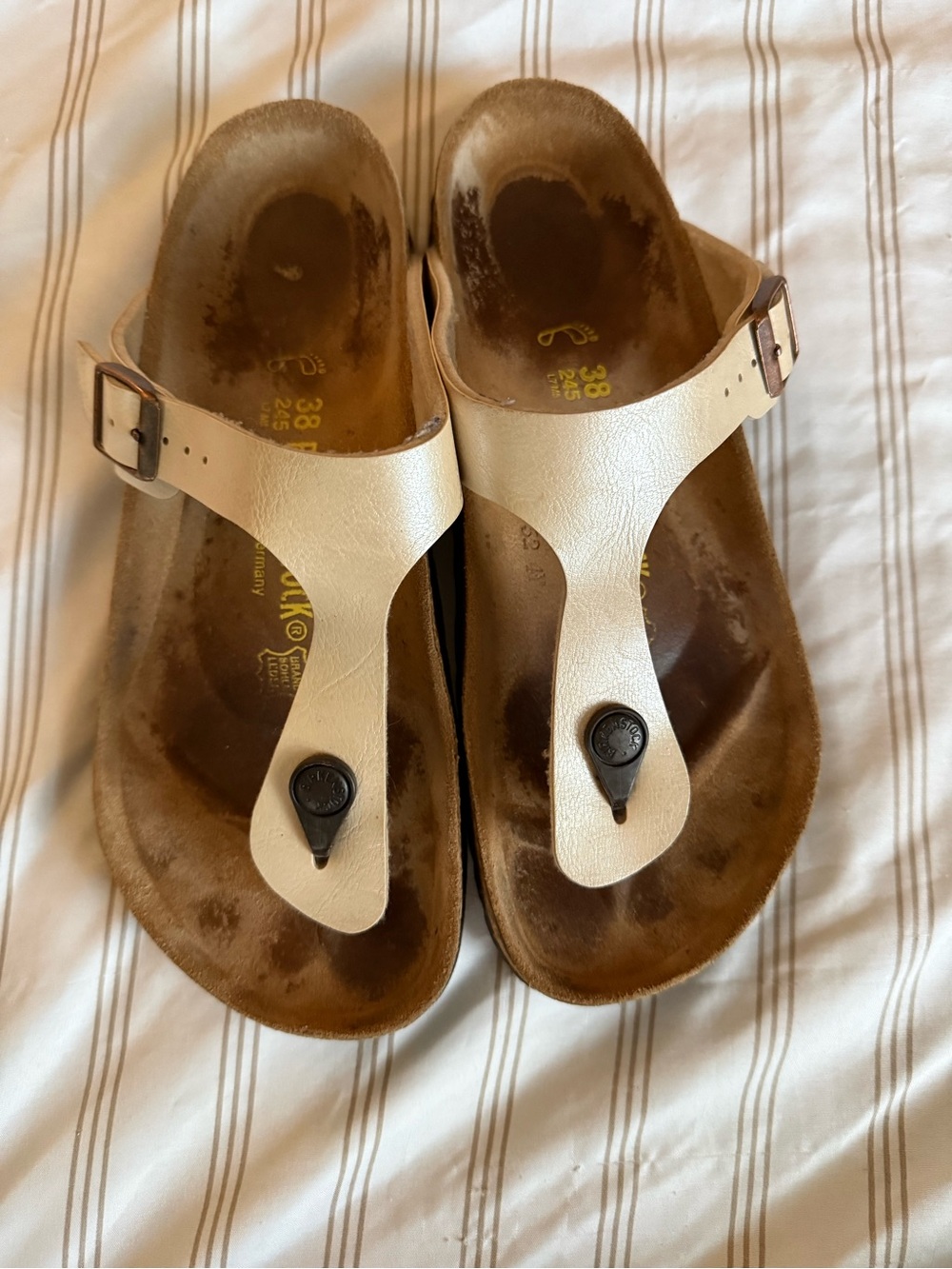 Birkenstock Cream T-Strap Thong Sandals with Buckle
